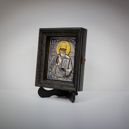 Icoana Sfantul Nicolae placat cu argint si aur pe sevalet